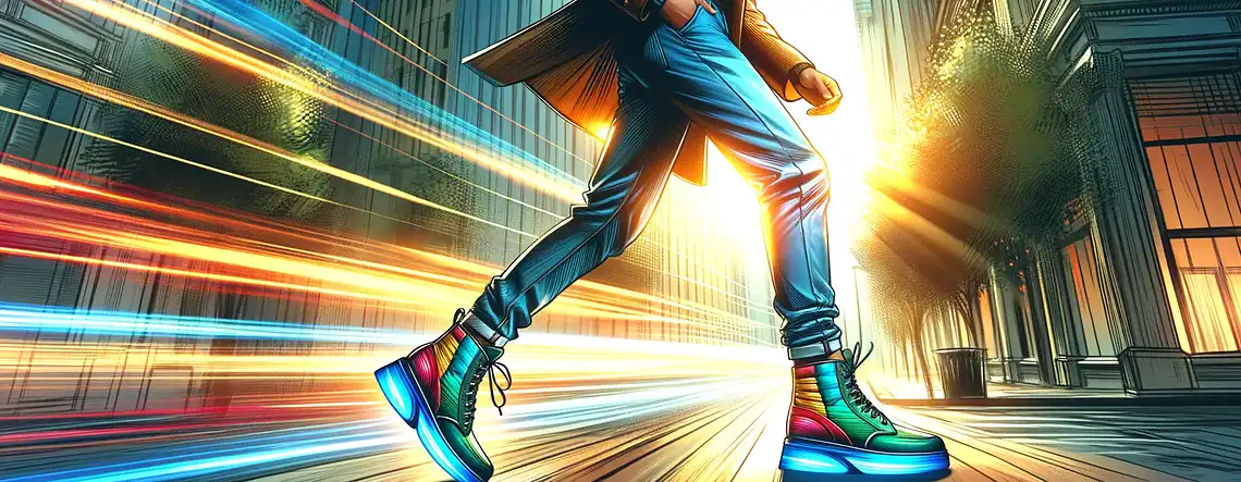 Vibrant illustration of a person walking on a city street wearing colourful height increasing shoes, surrounded by dynamic streaks of light and tall modern buildings.
