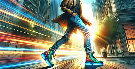 Vibrant illustration of a person walking on a city street wearing colourful height increasing shoes, surrounded by dynamic streaks of light and tall modern buildings.