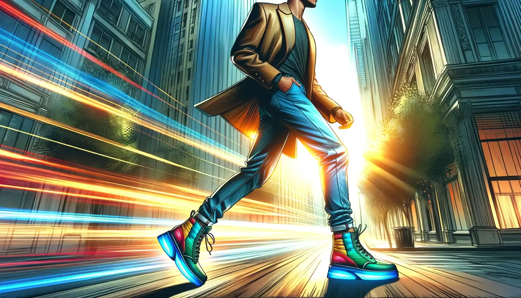 Vibrant illustration of a person walking on a city street wearing colourful height increasing shoes, surrounded by dynamic streaks of light and tall modern buildings.
