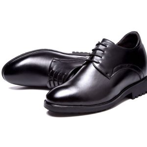 Black leather height increasing dress shoes with concealed elevator technology for enhanced stature and sophisticated style.