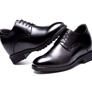 Elegant black men's height increasing dress shoes with hidden interior lift for added height and comfort. Perfect for formal occasions and professional settings.