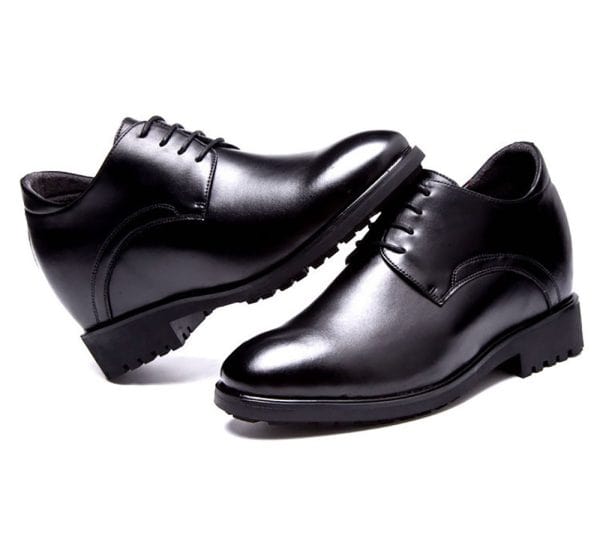 Elegant black men's height increasing dress shoes with hidden interior lift for added height and comfort. Perfect for formal occasions and professional settings.
