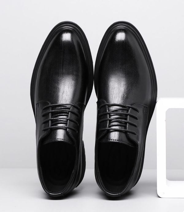 Tsia Black Shoes - 7 Cm Taller Elevator shoes with built-in height increase insoles, stylish black leather dress shoes designed to add extra height discreetly. Suitable for formal occasions and professional settings.