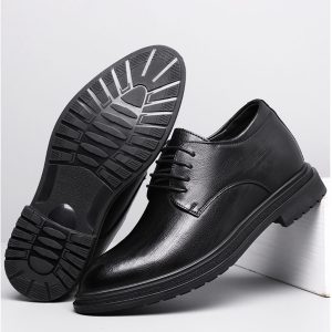 Men's black leather height increasing shoes with concealed elevator technology for added height and style. Perfect for formal occasions or daily wear. Stylish, comfortable, and discreet.