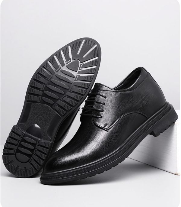 Men's black leather height increasing shoes with concealed elevator technology for added height and style. Perfect for formal occasions or daily wear. Stylish, comfortable, and discreet.