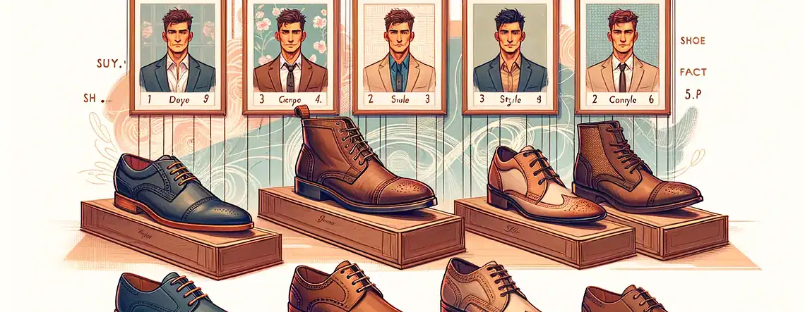 A comparison of men's elevator shoes showcasing different styles and height increases, presented with artistic illustrations and framed portraits in a sophisticated setting.