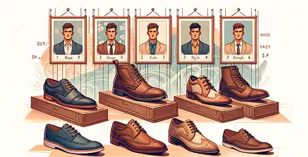 A comparison of men's elevator shoes showcasing different styles and height increases, presented with artistic illustrations and framed portraits in a sophisticated setting.