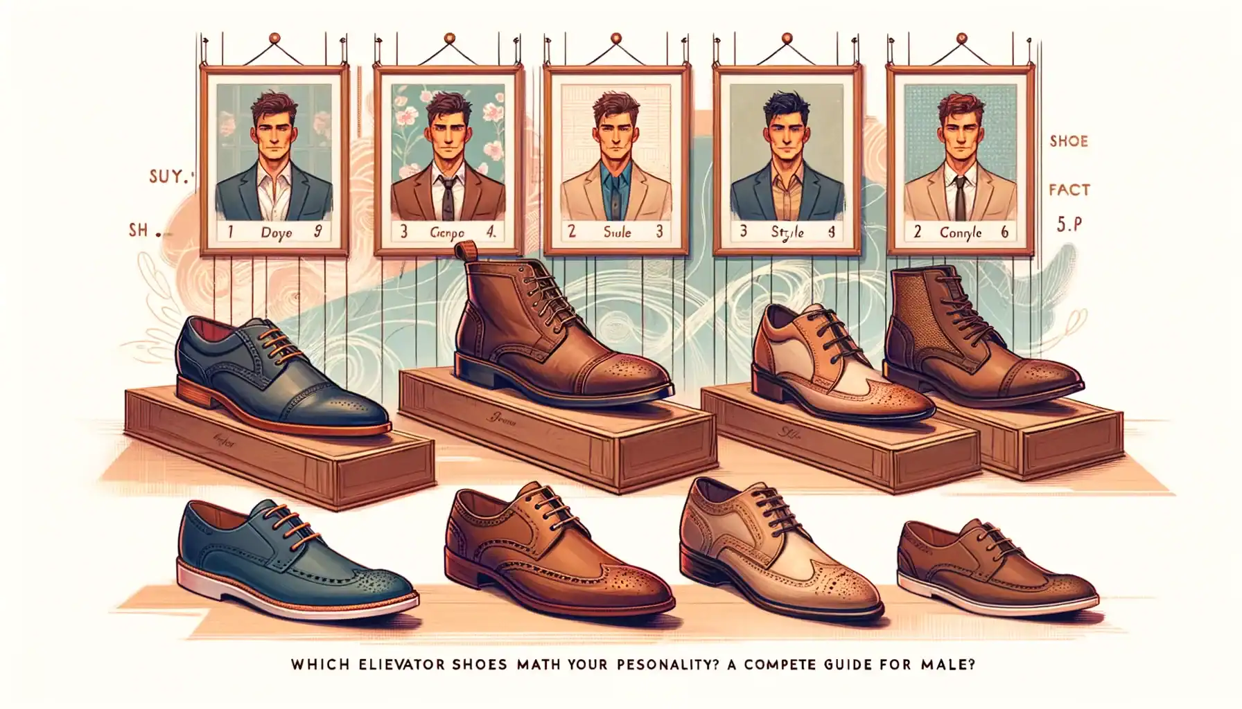 A comparison of men's elevator shoes showcasing different styles and height increases, presented with artistic illustrations and framed portraits in a sophisticated setting.